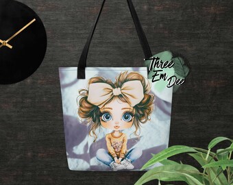 ragazza eccentrica clipart grafica colori tenui pennellate sfondo borsa della spesa stampata a sublimazione