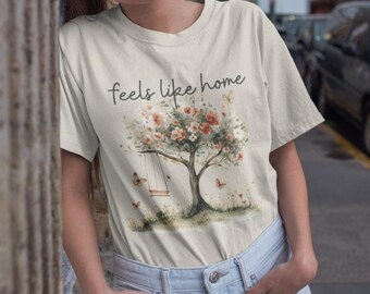 feels like home watercolor brushstroke spring tree butterflies DTG printed womens oversized graphic tee