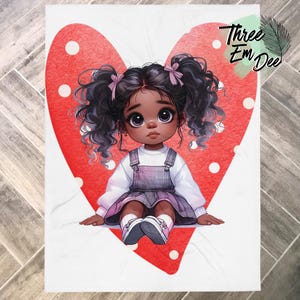 May include: A digital illustration of a young girl with dark brown hair and brown eyes wearing a blue and white plaid dress. She is sitting in a red heart with white polka dots. The text "Three Em Dee" is in the upper right corner of the image.