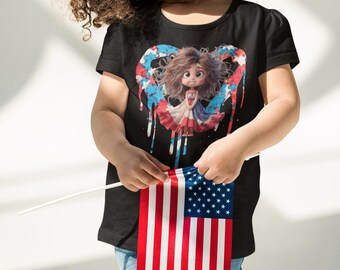 quirky patriotic girl red, white and blue stars dripping heart background DTG printed girls graphic tee