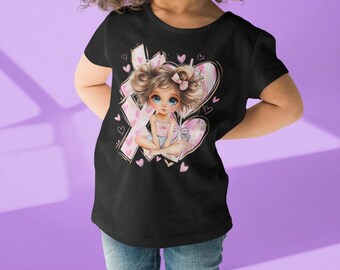 T-shirt grafica per ragazze con stampa DTG e ragazza eccentrica con sfondo xoxo e acquerello