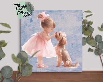 Acuarela de una niña pequeña con su cachorro, lienzo de 50x50 cm para decoración de pared de habitación infantil
