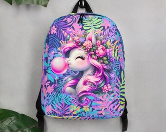 Zaino a grandezza naturale con stampa a sublimazione su sfondo tropicale neon e unicorno chewing-gum.