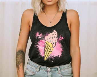 Camiseta de tirantes de verano para mujer con estampado DTG de boceto de cono de helado goteando con pinceladas de acuarela.
