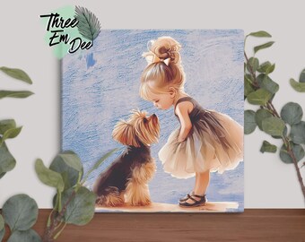 Acuarela de una niña pequeña con su cachorro, lienzo de 50x50 cm para decoración de pared de habitación infantil
