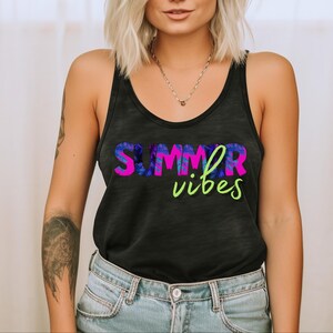 summer vibes bright neon colorful tropical lettering DTG printed womens casual summer graphic tank top