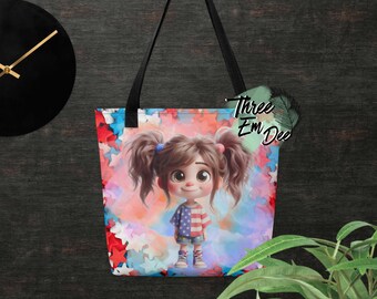 quirky patriotic girl clipart graphic red, white and blue stars background sublimation printed shopping tote bag