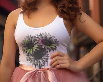 sketch dripping spring flowers DTG printed womens graphic tank top