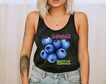 Sommer Brise Aquarell Blaubeeren DTG gedruckt lässige Grafik-Tank-Top für Frauen