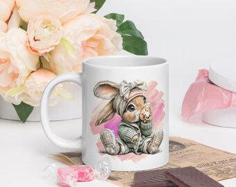 Tazza da caffè stampata a sublimazione da 20 once con sfondo grafico a pennellate di coniglietto carino