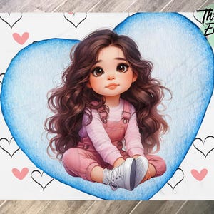 clipart girl overalls curly hair watercolor hearts background 60x80 sublimation printed cozy soft throw blanket