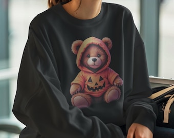 Sudadera con capucha de gran tamaño para mujer con estampado DTG y diseño de oso de peluche de Halloween con calabaza