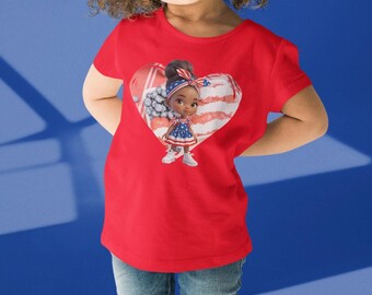 quirky patriotic girl red, white and blue heart background DTG printed girls graphic tee