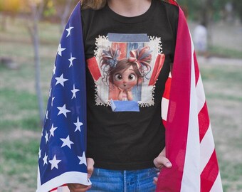 taped photo patriotic girl clipart red, white and blue background DTG printed girls fourth of July graphic tee