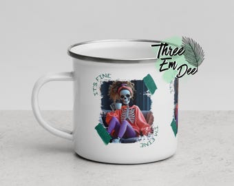 It's fine, I'm fine tired skeleton mom drinking coffee distressed graphic sublimation printed 12oz enamel mug