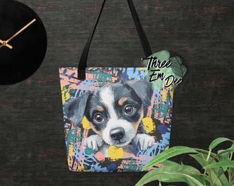 Borsa tote per la spesa stampata a sublimazione con grafica di un simpatico cucciolo di cane con pennellate colorate sullo sfondo