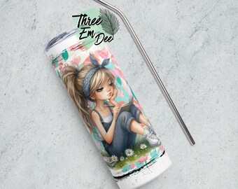 clipart de garota da moda primavera aquarela pincelada fundo desgastado copo de aço inoxidável de 20 onças