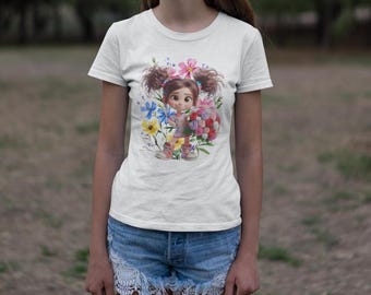quirky girl with roses watercolor brushstroke wildflowers background DTG printed girls graphic tee
