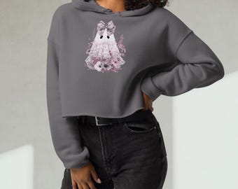Sudadera con capucha corta con estampado DTG de flores y fantasmas de encaje para mujer
