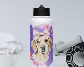 Lindo cachorro labrador dorado con flores de acuarela y fondo de pinceladas, impresión por sublimación, vaso de 32 oz