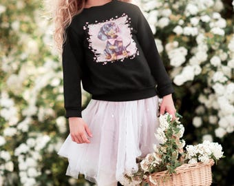 Sudadera con estampado gráfico acogedor para niñas, con un lindo cachorro soplando chicle y pétalos de flores, DTG
