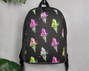 Zaino a grandezza naturale con stampa a sublimazione di coni gelato in stile neon.