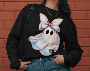 Camiseta gráfica premium de manga larga para mujer con estampado DTG de fantasma de niña linda con lazo extragrande