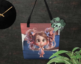 quirky patriotic girl clipart graphic brushstroke background sublimation printed shopping tote bag