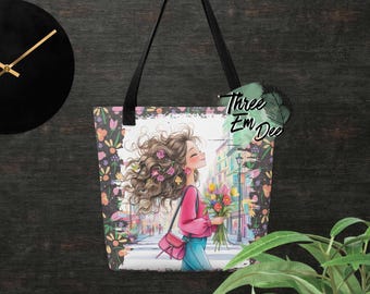 Bolsa de compras con estampado de sublimación de flores de primavera y acuarela de una niña caprichosa