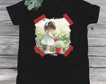 Camiseta gráfica informal con estampado DTG de niña con pinceladas de acuarela y flores de primavera