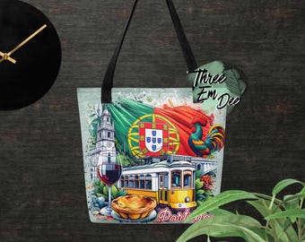 Borsa tote della spesa stampata a sublimazione con bandiera portoghese ad acquerello e pennellate grafiche portoghesi sullo sfondo