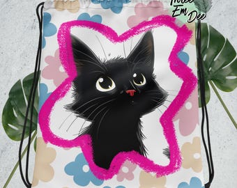 gatinho preto clipart rabisco moldura flores primavera fundo sublimação impressão mochila com cordão