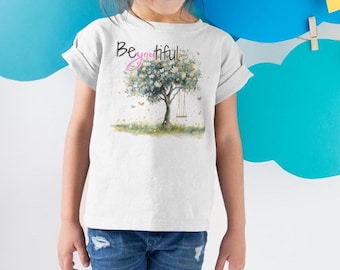 Be you tiful watercolor brushstroke butterfly tree DTG printed girls graphic tee