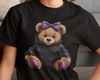 Lindo oso de peluche con sudadera con capucha, camiseta gráfica para mujer con estampado DTG