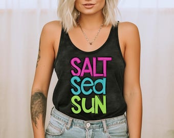 Canotta estiva da donna con stampa DTG, scritta doodle neon, sole e mare salato