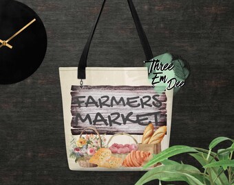 Borsa della spesa con stampa a sublimazione di cestini di cibo acquerellati del mercato agricolo