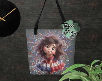 Borsa tote per il 4 luglio con grafica clipart di una ragazza patriottica eccentrica e fuochi d'artificio sullo sfondo, stampata a sublimazione
