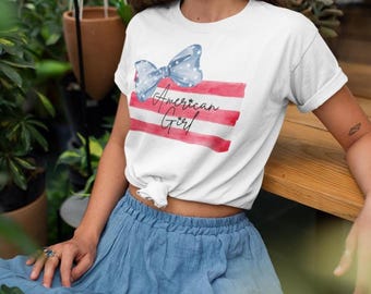 Camiseta informal para mujer con estampado DTG de bandera estadounidense con acuarela de American Girl