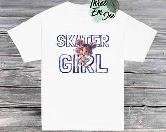 Garota skatista, garota peculiar de skate, clipart, camiseta casual com estampa DTG para meninas
