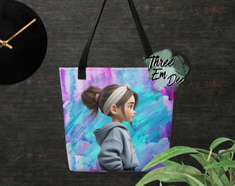 messy bun girl clipart graphic bright neon colorful brushstroke background sublimation printed shopping tote bag