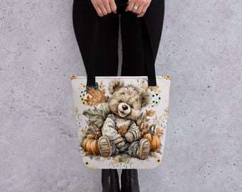 Borsa tote della spesa con stampa a sublimazione, tenera e tenera, raffigurante un orsetto autunnale con zucche