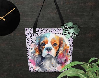Borsa tote della spesa stampata a sublimazione con grafica di cuccioli con pennellate e sfondo leopardato