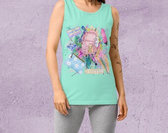 back to school supplies graphic DTG printed womens graphic tank top