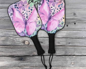 watercolor brushstroke butterfly graphic floral background sublimation printed trendy Pickleball paddle set including 2 balls to play with