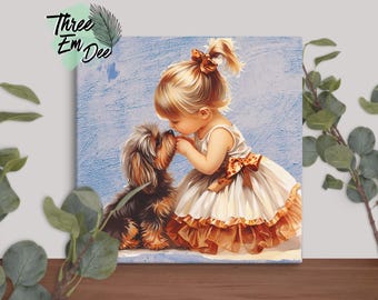 Acuarela con pinceladas de una niña pequeña y su cachorro, lienzo de 50x50 cm para decoración de habitación infantil