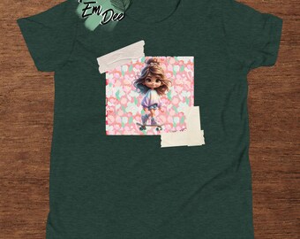 Garota skatista, garota peculiar de skate, clipart, fundo de papel para scrapbook, camiseta casual gráfica impressa em DTG para meninas