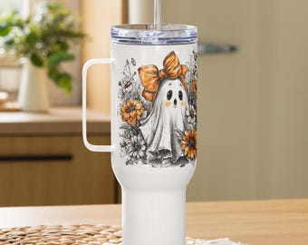 Copo de 40 onças com estampa gráfica de sublimação de flores com desenho de fantasma de menina retrô fofa