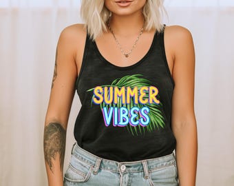 Camiseta sin mangas con estampado gráfico de verano para mujer, con hojas tropicales, colores brillantes y vibraciones veraniegas
