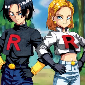 May include: Two anime characters, one with black hair and a black shirt with a red "R" and the other with blonde hair and a white shirt with a red "R", stand side by side against a green and blue background.