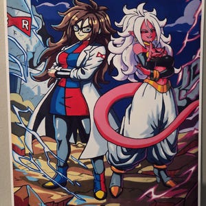May include: A colourful art print featuring two versions of the character Android 21 from Dragon Ball. One version wears a white lab coat over a red and blue dress, while the other has pink skin, white hair, and a long tail, standing on rocky terrain.